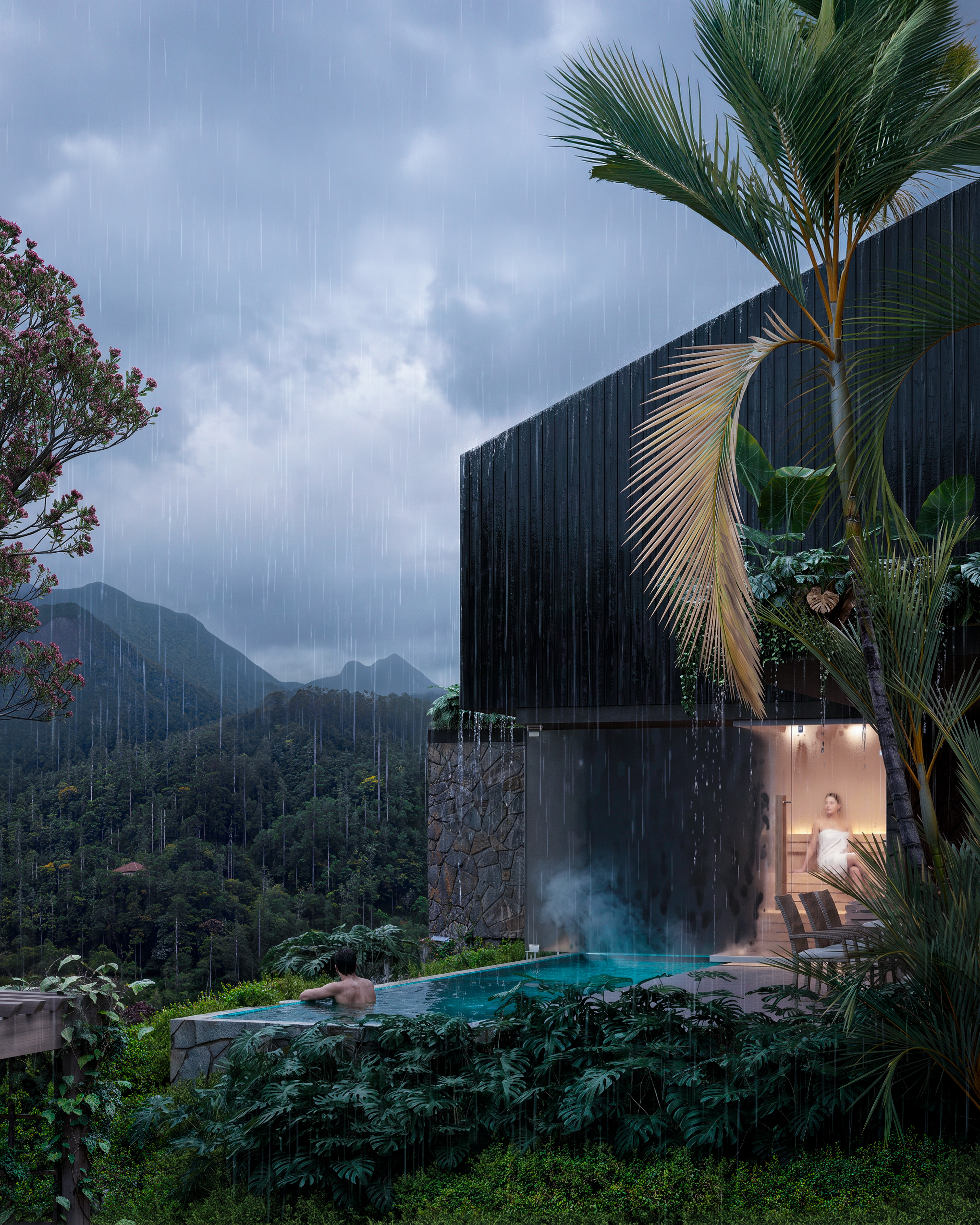 Piscina de borda infinita e sauna iluminada da Casa LG20 durante a chuva na serra