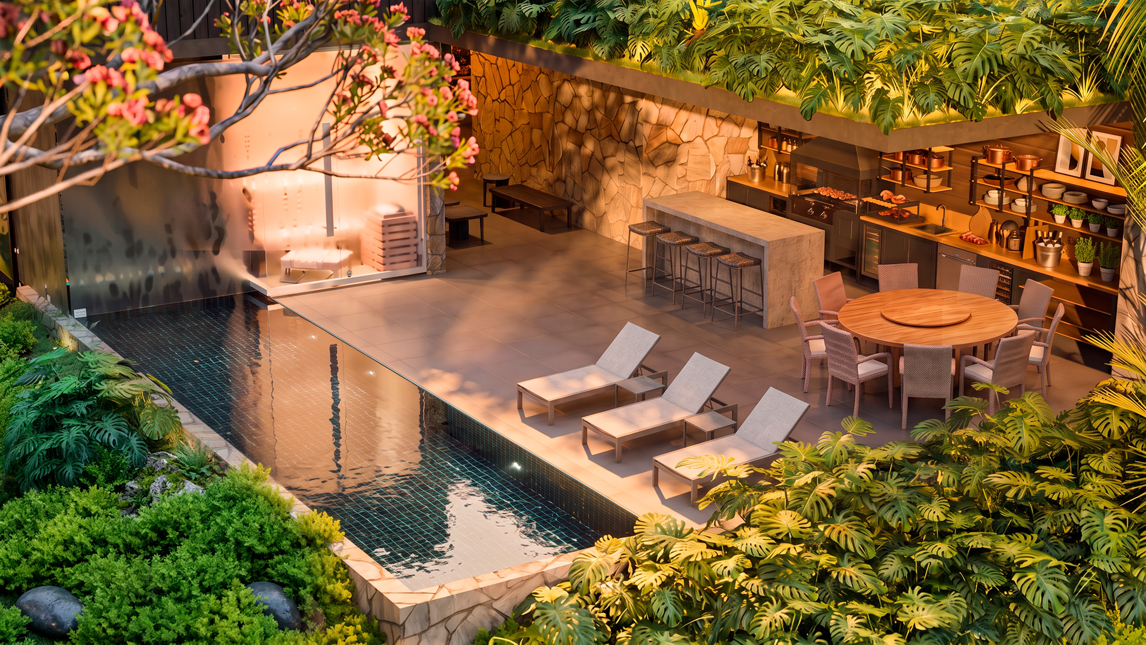Área gourmet e piscina da Casa LG20 em um dia de sol